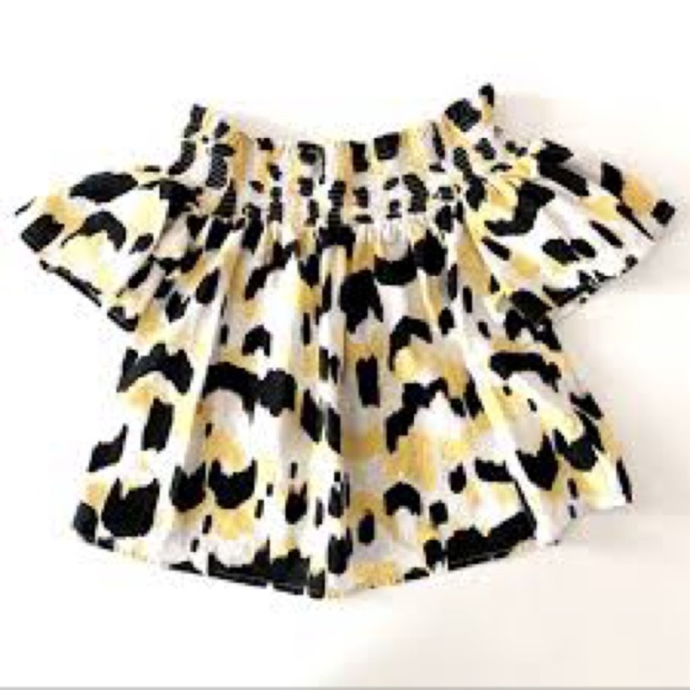 Who What Wear linen blend off shoulder top small black and yellow
